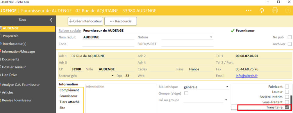 Capture de l'écran Fiche Tiers transitaire