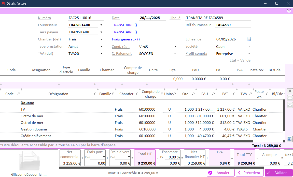 Capture de l'écran Détails facture transitaire