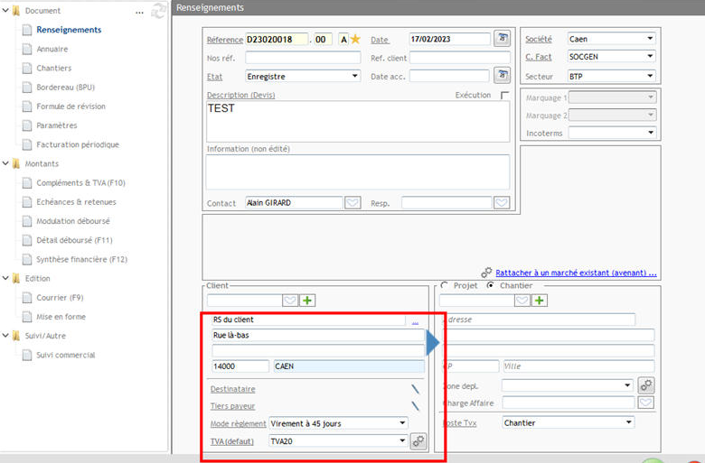propriétés devis pour préciser le nom du client