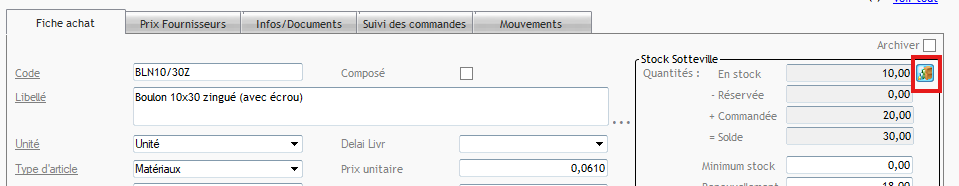 bouton régularisation quantité stock