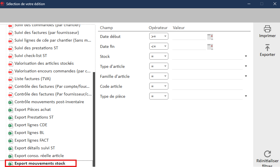 export mouvements de stock