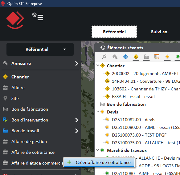 Menu affaire de cotraitance
