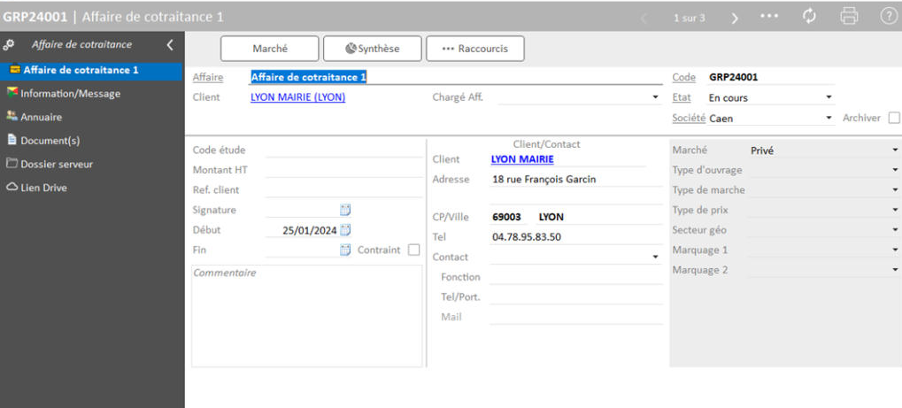 Capture de l'écran Fiche de cotraitance