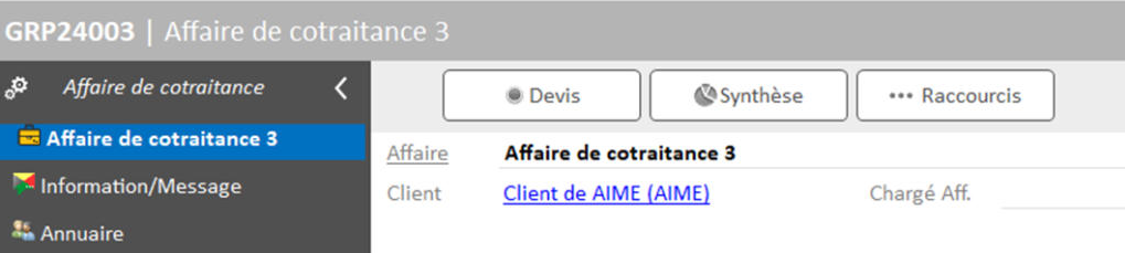 Raccourcis de l'écran Affaire de cotraitance