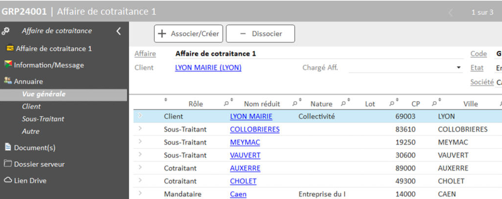 Capture de l'écran Annuaire dans la fiche Affaire de cotraitance