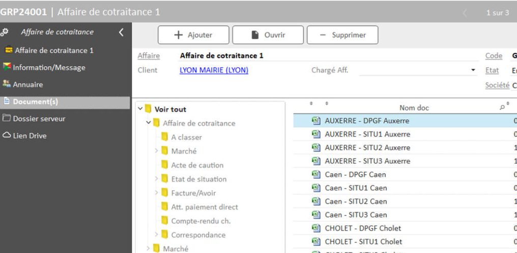 Capture de l'écran GED dans la fiche Affaire de cotraitance