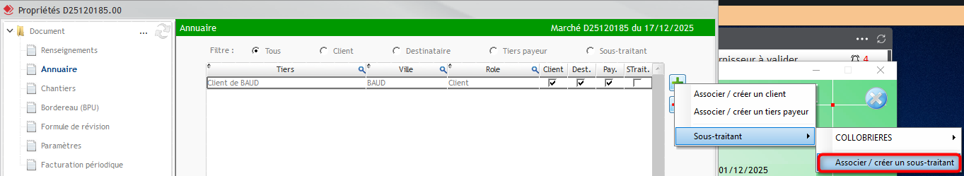Capture du menu pour ajouter un sous-traitant dans l'ERP Optim'BTP Entreprise