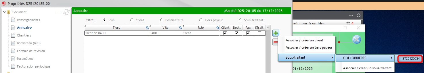 Capture du menu pour ajouter un sous-traitant en lien avec la prestation de Sous-traitance