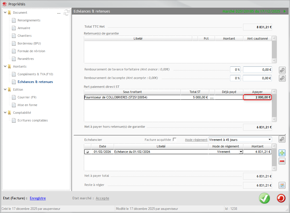 Ajout des montants à payer  pour chaque sous-traitant lors de la facturation