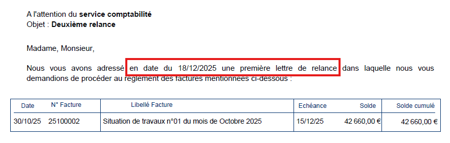 courrier deuxième relance