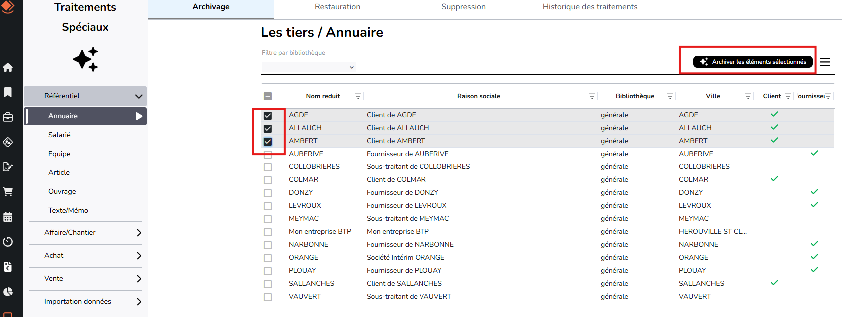 Liste tiers à archiver