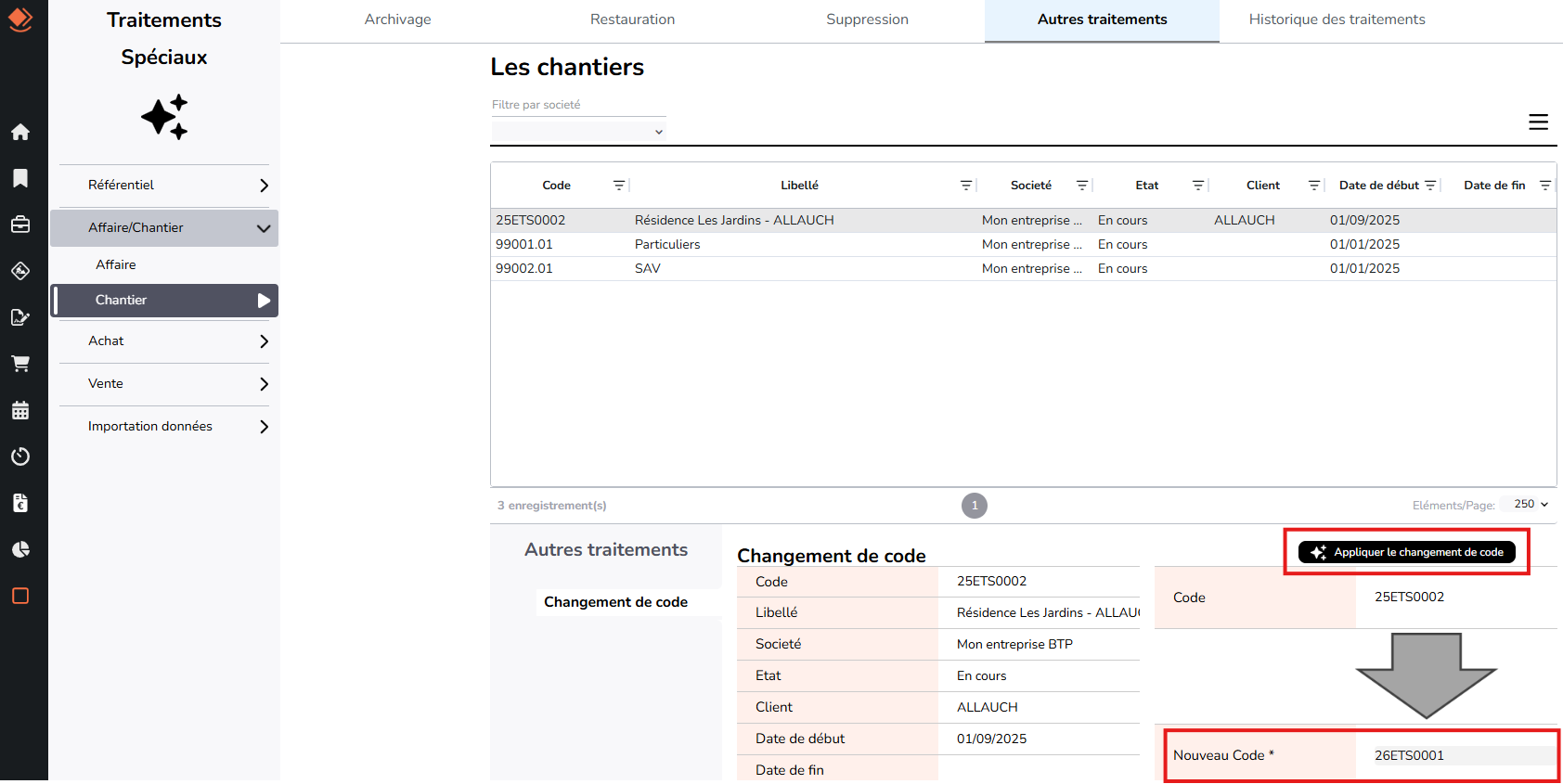 changement de code chantier