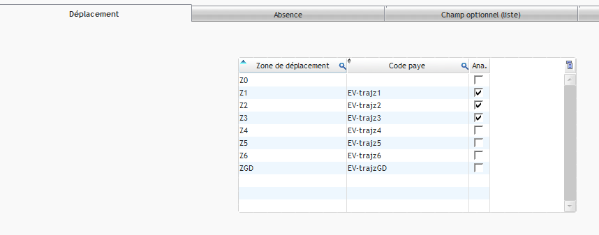 Capture de l'écran de paramétrage Déplacement