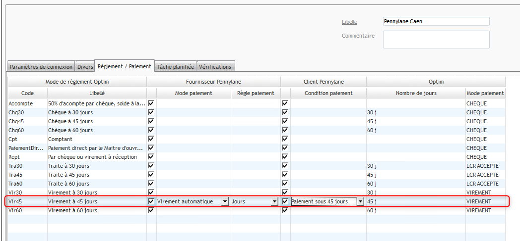 Capture de l'écran Paramétrage et de l'onglet règlement paiement