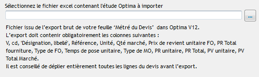 Capture de l'écran d'import du fichier Excel pour les versions à partir de la V12 Optima