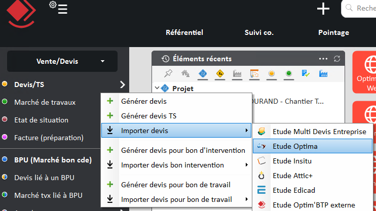 Capture du menu d'import des devis dans l'ERP Optim'BTP Entreprise