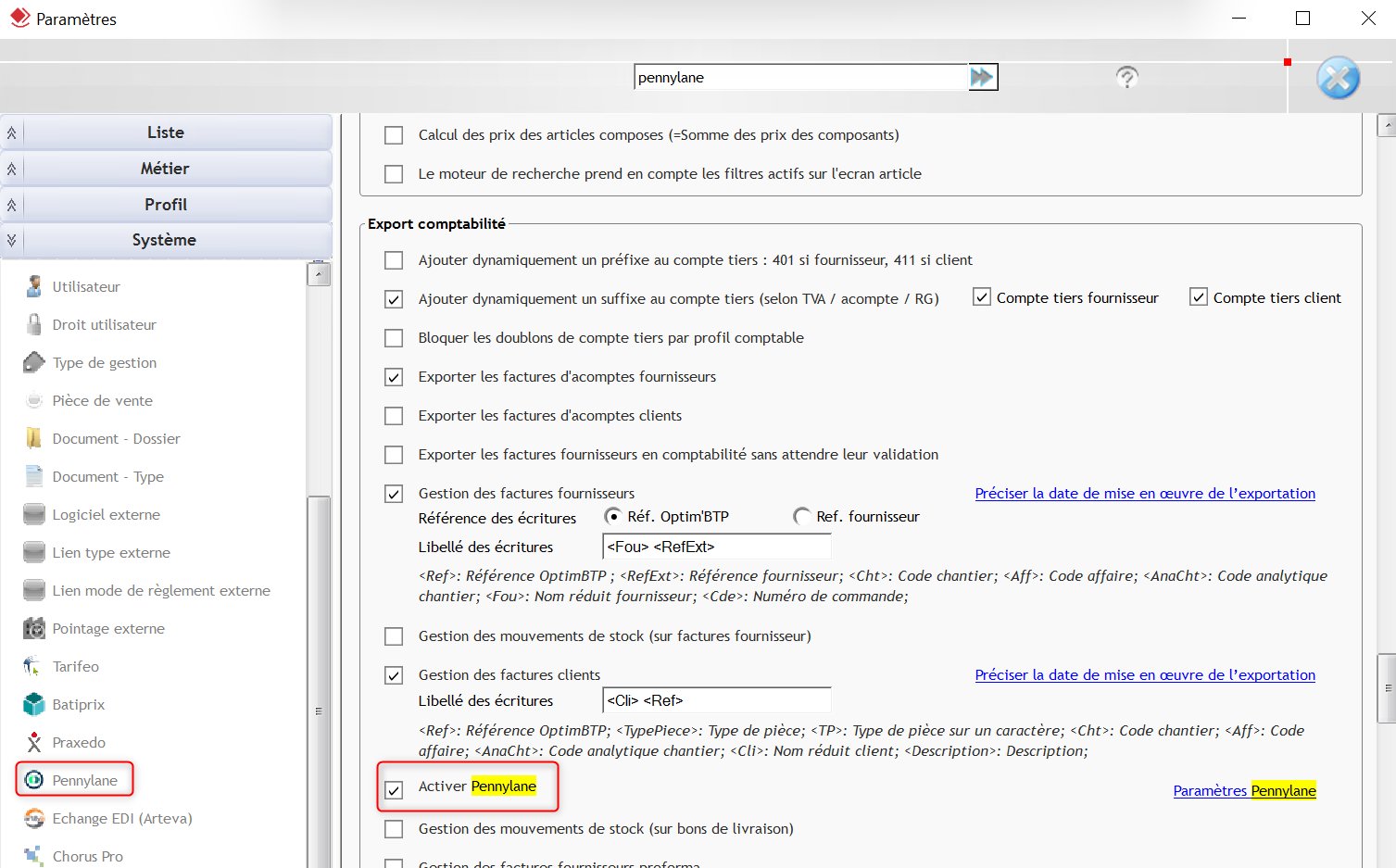 Capture de l'écran Paramétrage d'Optim'BTP Entreprise et case à cocher Activer Pennylane
