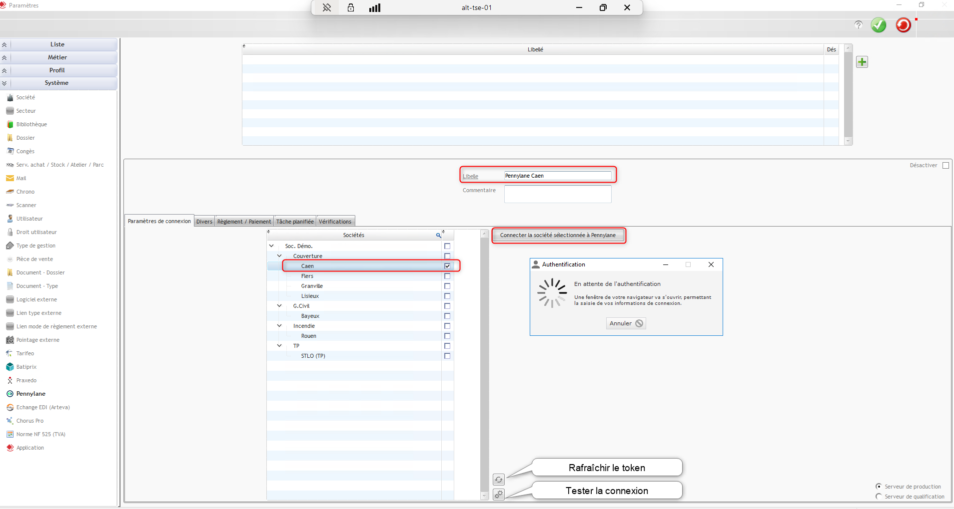 Capture de l'écran de paramétrage de la connexion à Pennylane