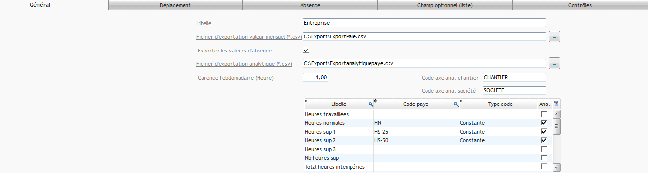 Capture de l'onglet Général Silae dans l'écran de paramétrage