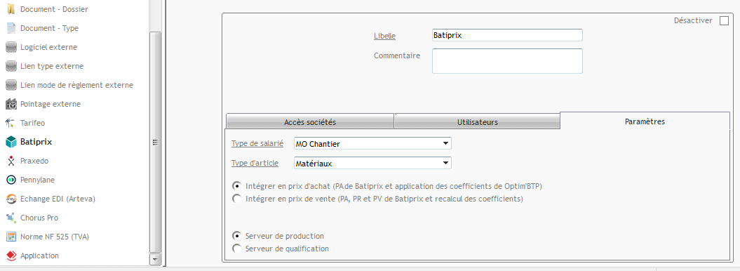 Capture de l'écran Paramètres de l'onglet Batiprix disponible dans la fenêtre Paramètres de l'ERP Optim'BTP Entreprise