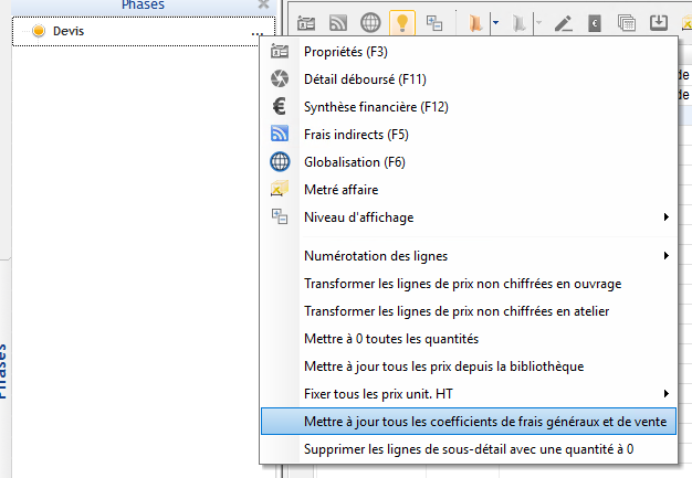 Capture de l'écran de mise à jour des coefficients FG et vente