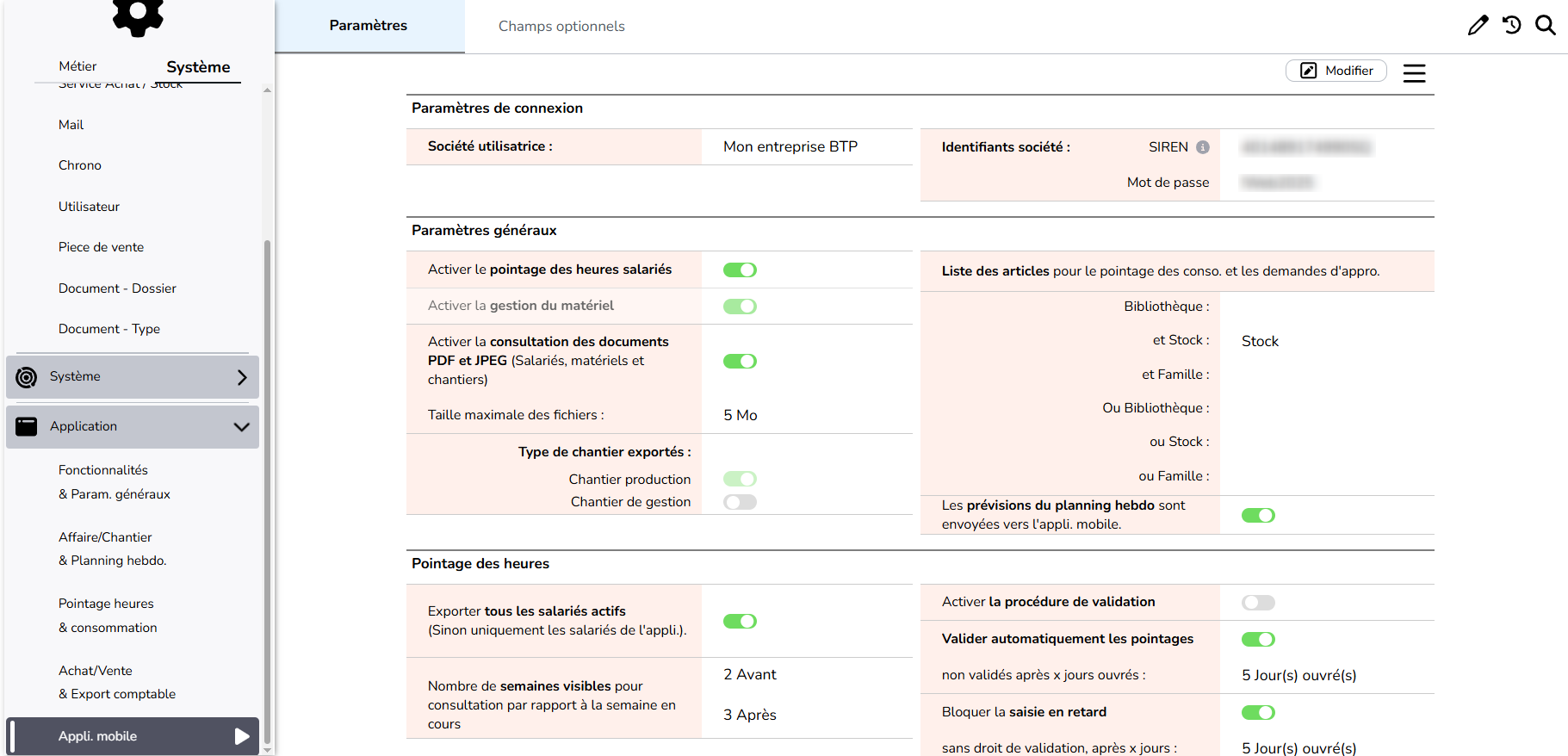 Paramétrages application mobile