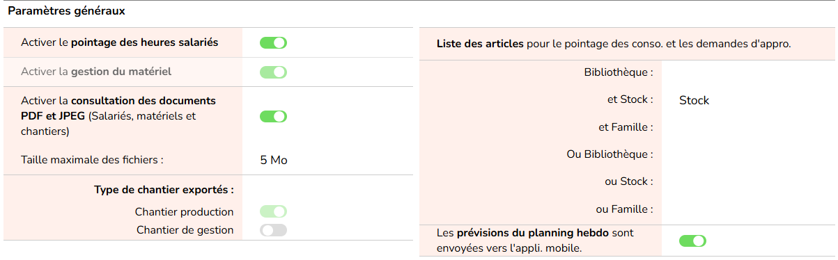 paramètres généraux