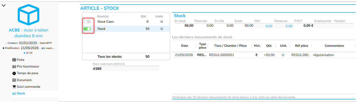 fiche article onglet stock