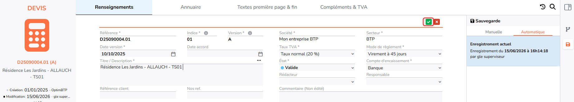 écran enregistrement actuel