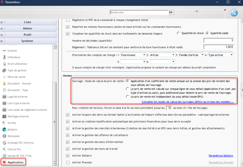 choix paramétrage mode de calcul prix de vente ouvrage