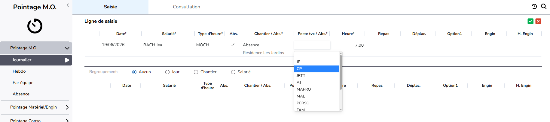 pointage heures absences
