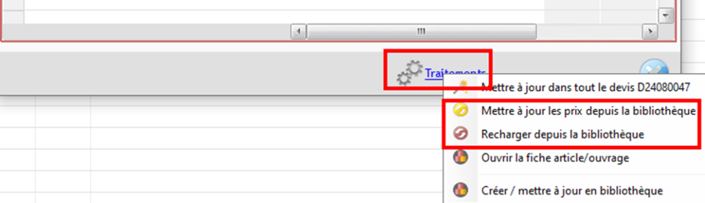 Capture d'écran des deux chois accessible depuis Traitement dans un ouvrage