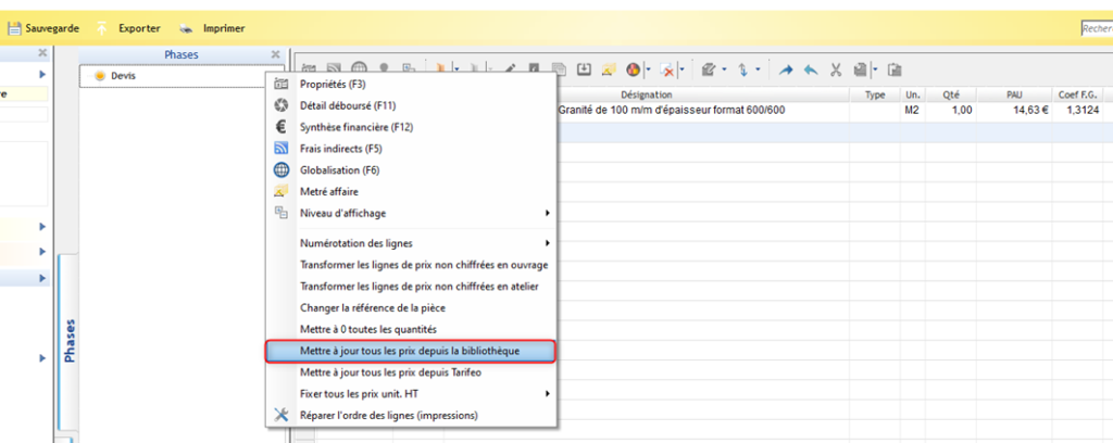 Capture d'écran d'un devis et du menu Mettre à jour tous les prix depuis la bibliothèque
