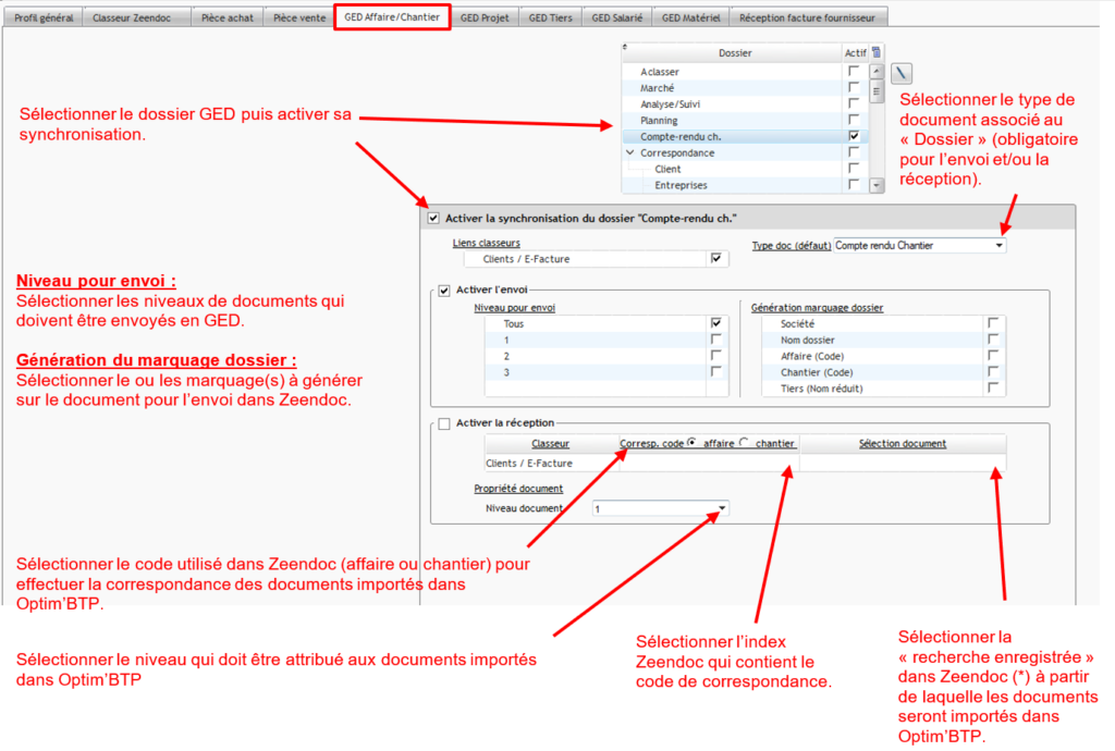 Capture d'écran et schéma explicatif du paramétrage de la synchronisation des dossiers affaires chantiers, Projets, Tiers, Salariés, Matériel