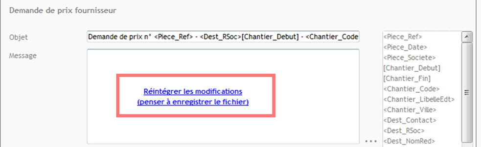 Réintégrer les modifications (penser à enregistrer le fichier)