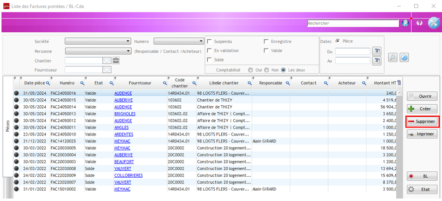 Capture de l'écran Liste des factures pointées et mise en valeur du bouton Supprimer