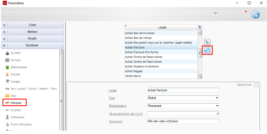 Capture de l'onglet Chrono dans Système de la fenêtre Paramètres d'Optim'BTP Entreprise