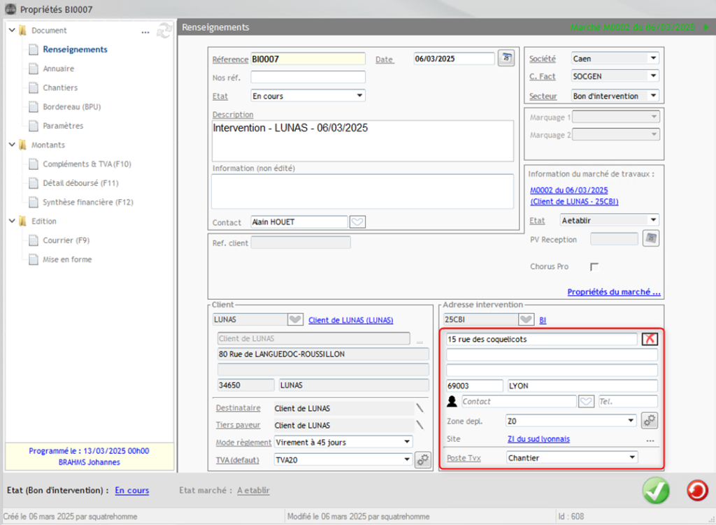 Capture d'écran de l'onglet Renseignements où est renseignée l'Adresse d'intervention