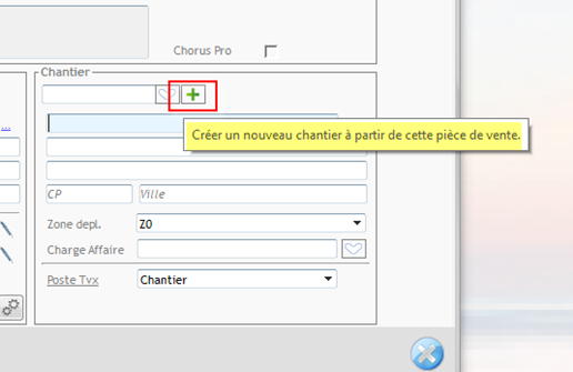 Capture du bouton de création du chantier depuis la fenêtre Propriétés