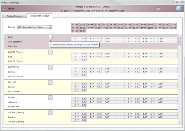 Préparation paye des heures salarié visualisation par jour