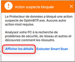 Capture de l'alerte affichée par Norton avec mise en valeur du lien Afficher les détails