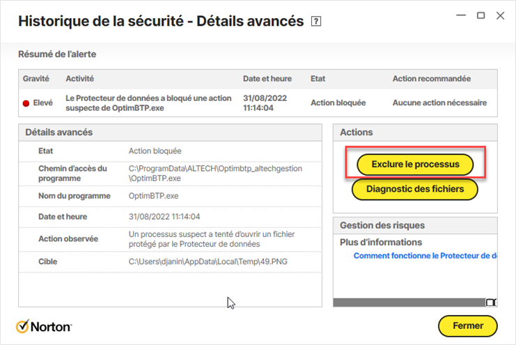 Capture de la fenêtre de détails avancés de Norton permettant d'exclure le Processus OptimBTP.exe de la surveillance de l'antivirus