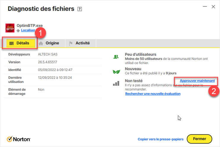 Capture de la fenêtre de Diagnostic des fichiers de Norton pour déclarer Optim'BTP comme un programme de confiance