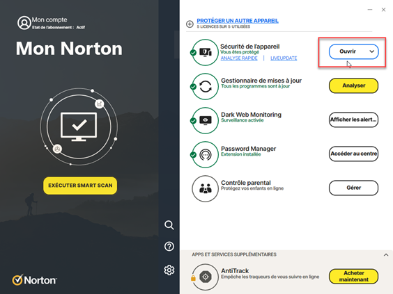 Capture de l'écran d'accueil de Norton Antivirus