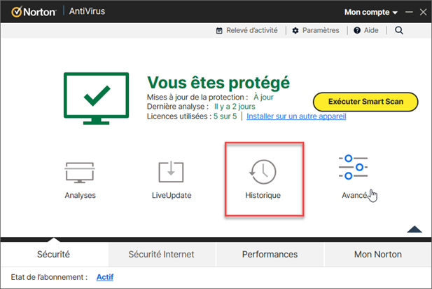 Capture de l'écran Historique de la sécurité de Norton Antivirus