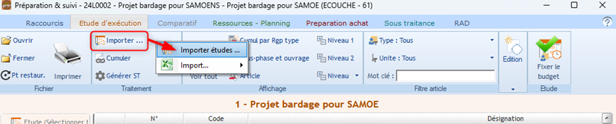 Capture d'écran du menu d'import d'études