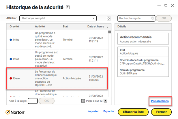 Capture des notifications dans l'Historique de la sécurité de Norton Antivirus