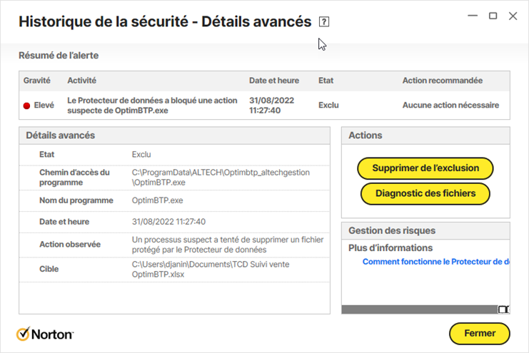 Capture de la fenêtre de détails avancés de Norton