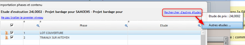 Capture d'écran de l'import d'une étude utilisée sur un autre chantier