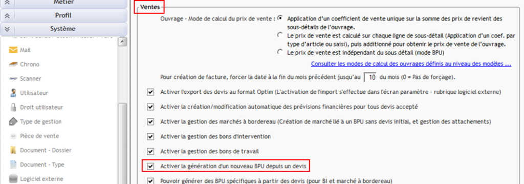 Activer la génération d'un nouveau BPU depuis un devis
